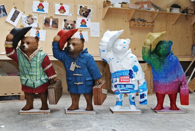 (left to right) Paddington Shakesbear by Michael Sheen, Paddington Bear by Michael Bond, Paddingtonscape by Hannah Warren and Paddington Sparkles by Frankie BridgeCREDITJoePepler